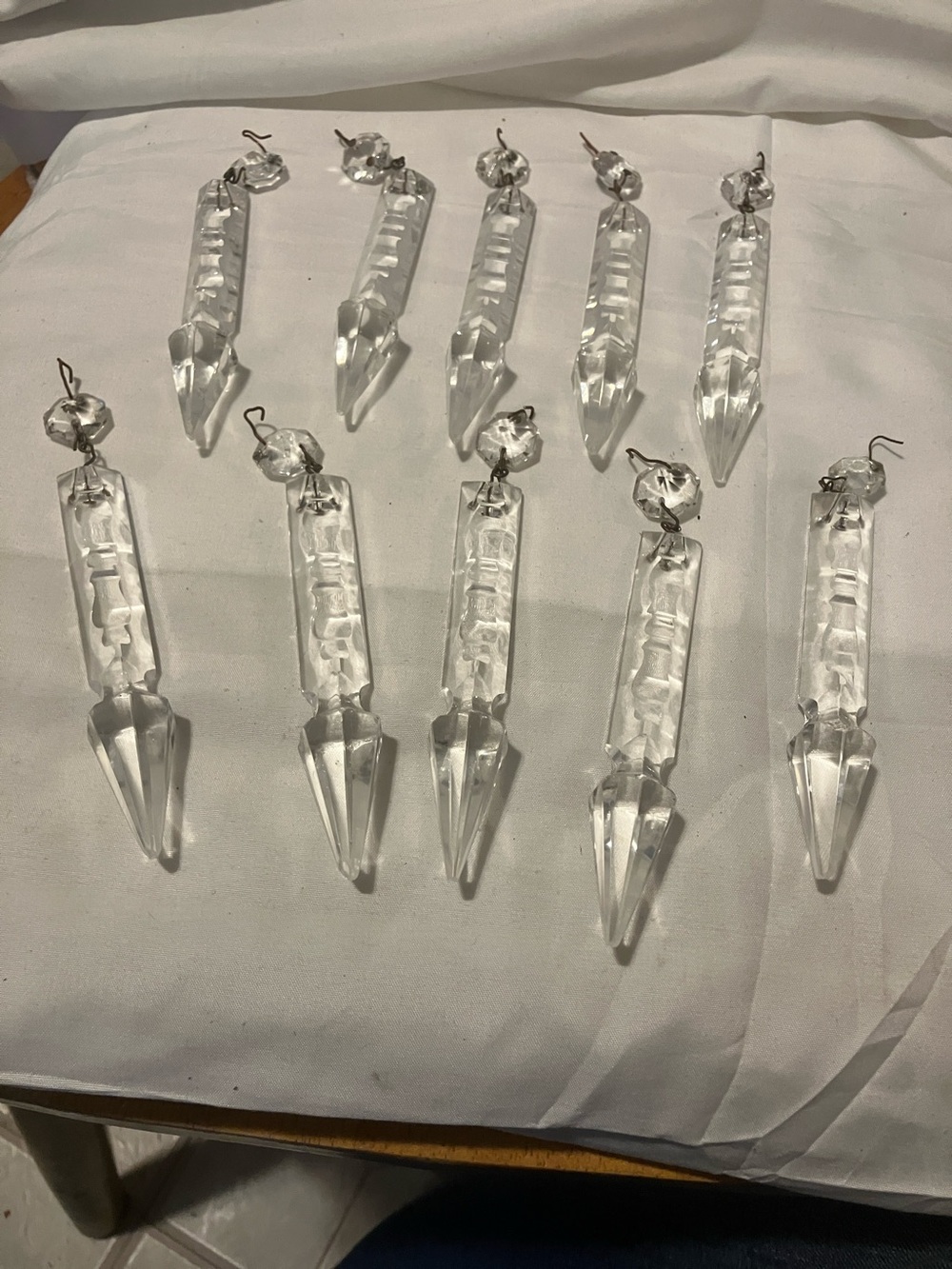 Beautiful. Set of 10. 5” dagger like spike glass crystals from vintage